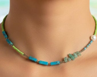 Collar de perlas de agua dulce, cuentas de vidrio marino abstractas, collar minimalista y delicado.