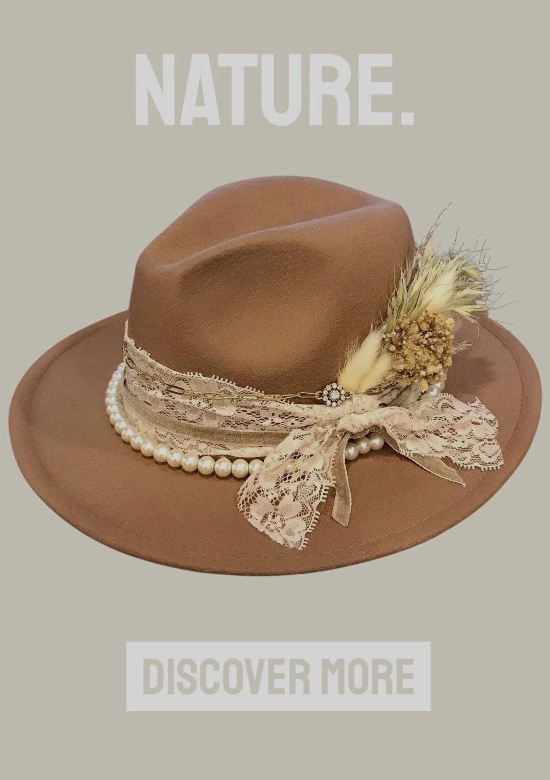 Brown Wool Felt Fedora Aztec Floral Ribbon Boho Western Vintage Rancher 8in Aztec Leave Her Wild Floral Burned Hat, Floral Engraved  main image 2