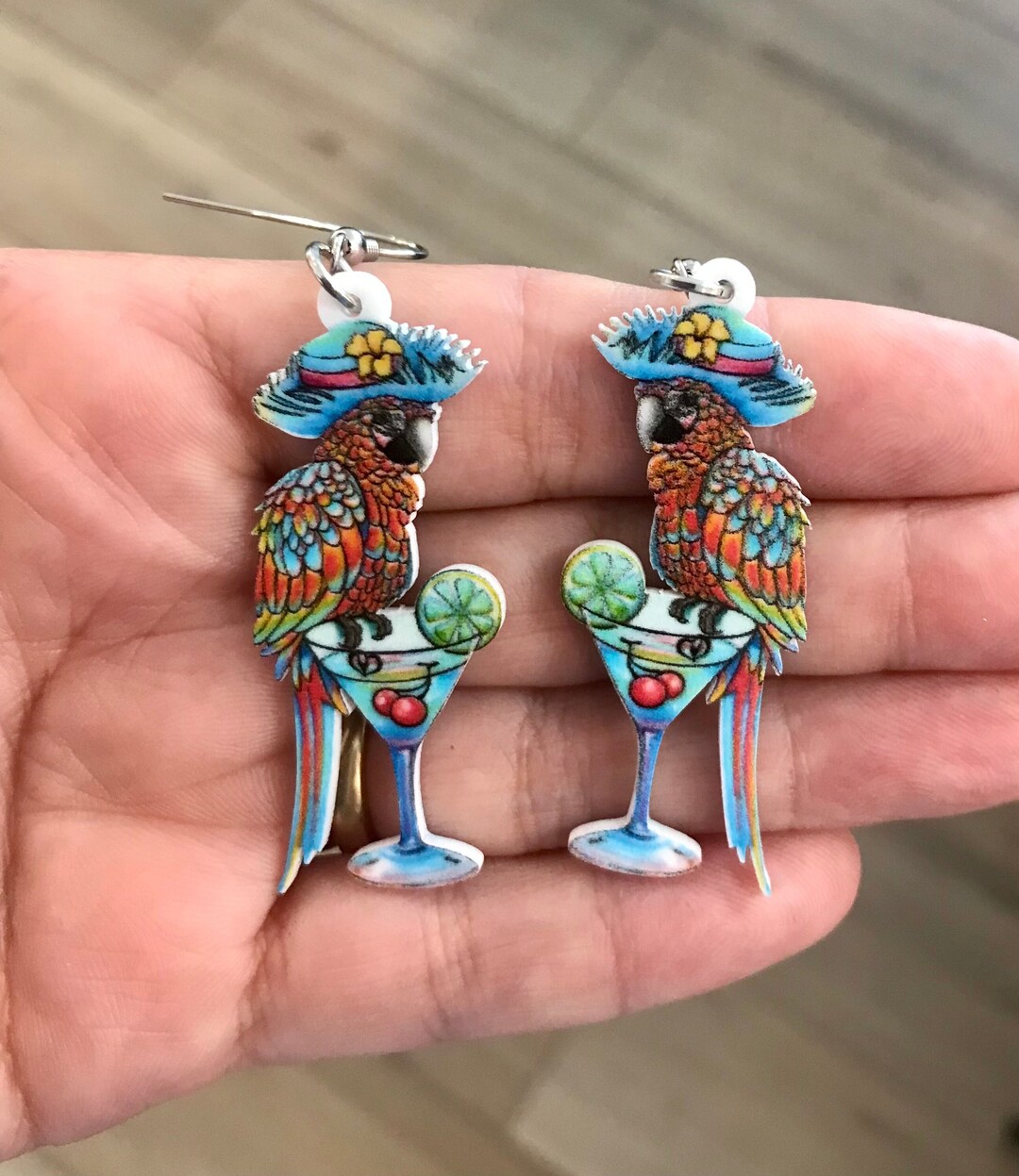 Resin Parrot Drinking Margarita Earrings, Margaritaville Inspired
