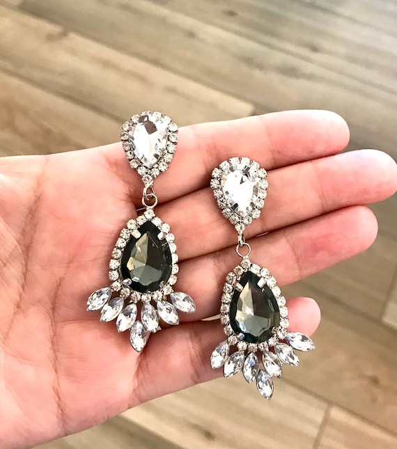 Charcoal Rhinestone Formal Earrings: Bridal Prom Jewelry