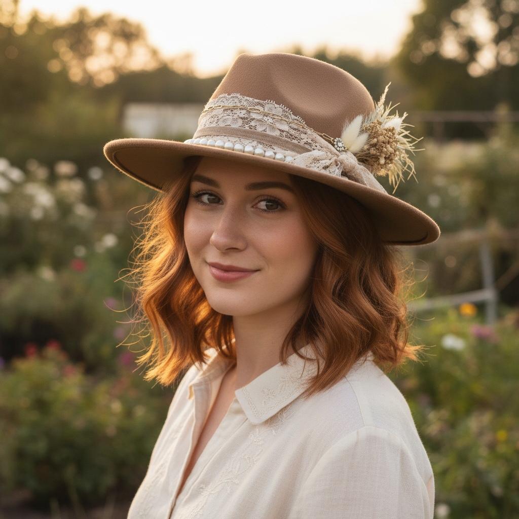Brown Wool Felt Fedora Aztec Floral Ribbon Boho Western Vintage Rancher 8in Vintage Style Rancher Hat, Western, Boho, Fedora, Boater  main image 3