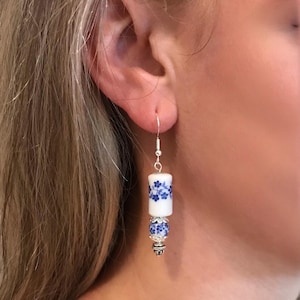 Handmade Blue Floral Ceramic Earrings: Sterling Silver Hooks
