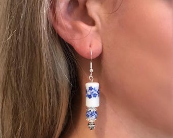 Handmade Blue Floral Ceramic Earrings: Sterling Silver Hooks