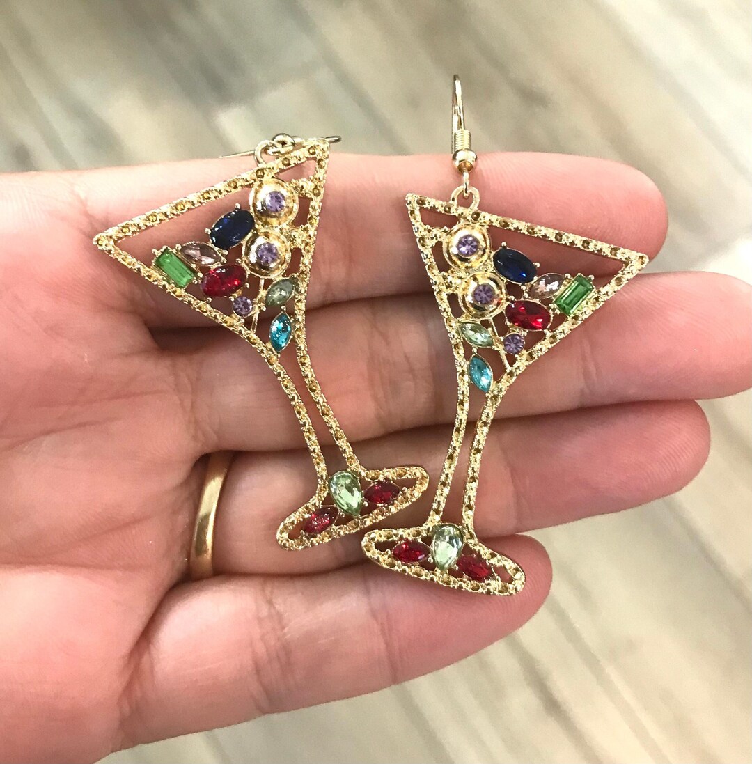 Festive Rhinestone Martini Glass Earrings, Christmas Gifts, Birthday