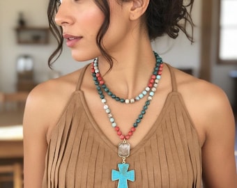Collar con cruz turquesa, collar bohemio occidental de rodeo con cuentas largas