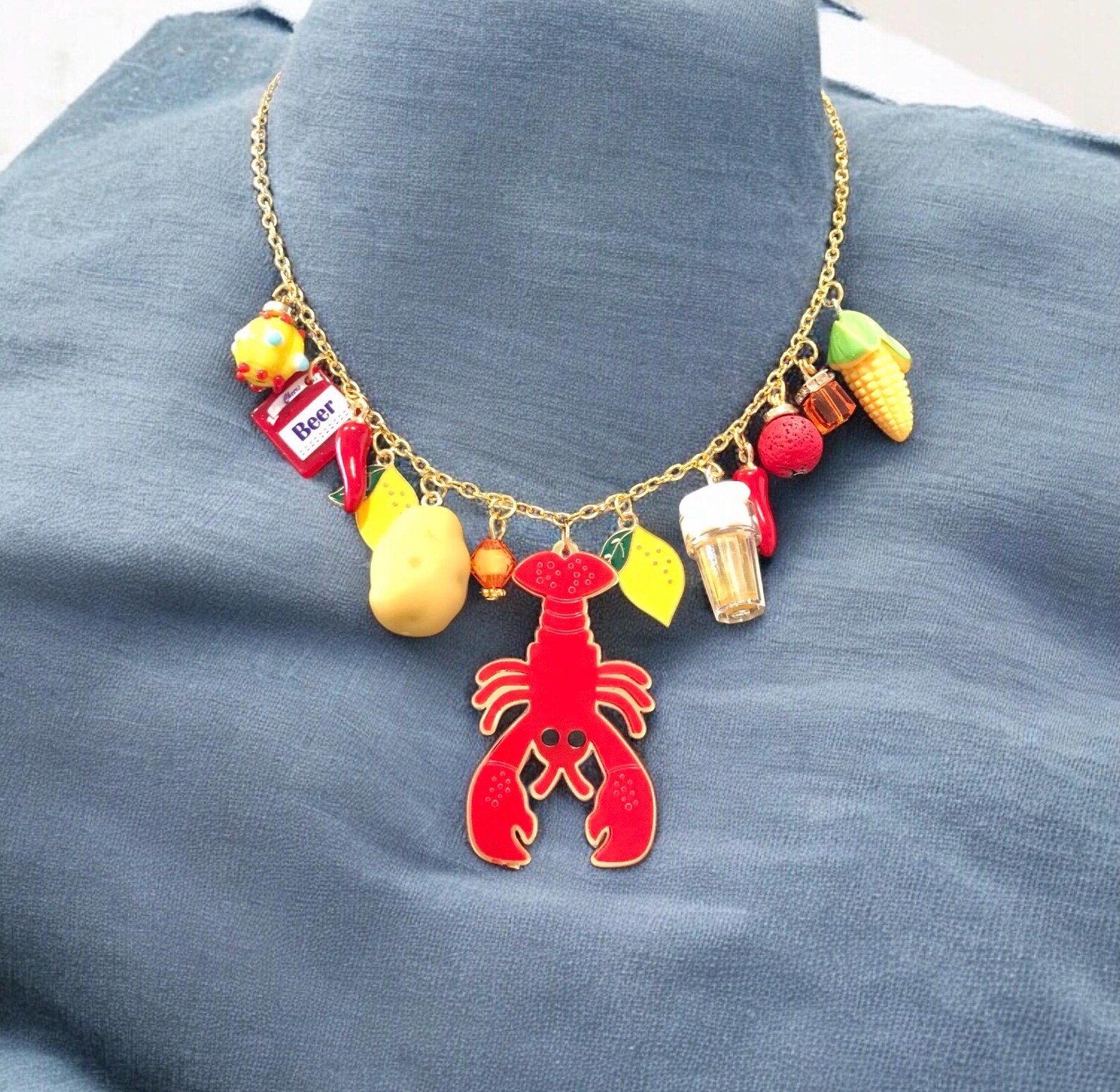 Gumbo Chain Crawfish Charm Necklace & Sterling Silver Earrings: Louisiana Mardi ...