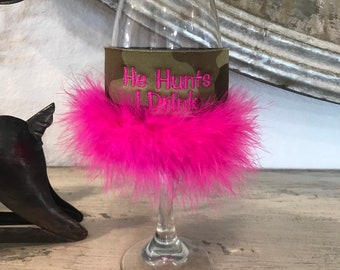 Camo with pink boa wine glass coozie, wine glass included, “he hunts, I drink “, Christmas gift for wine lovers