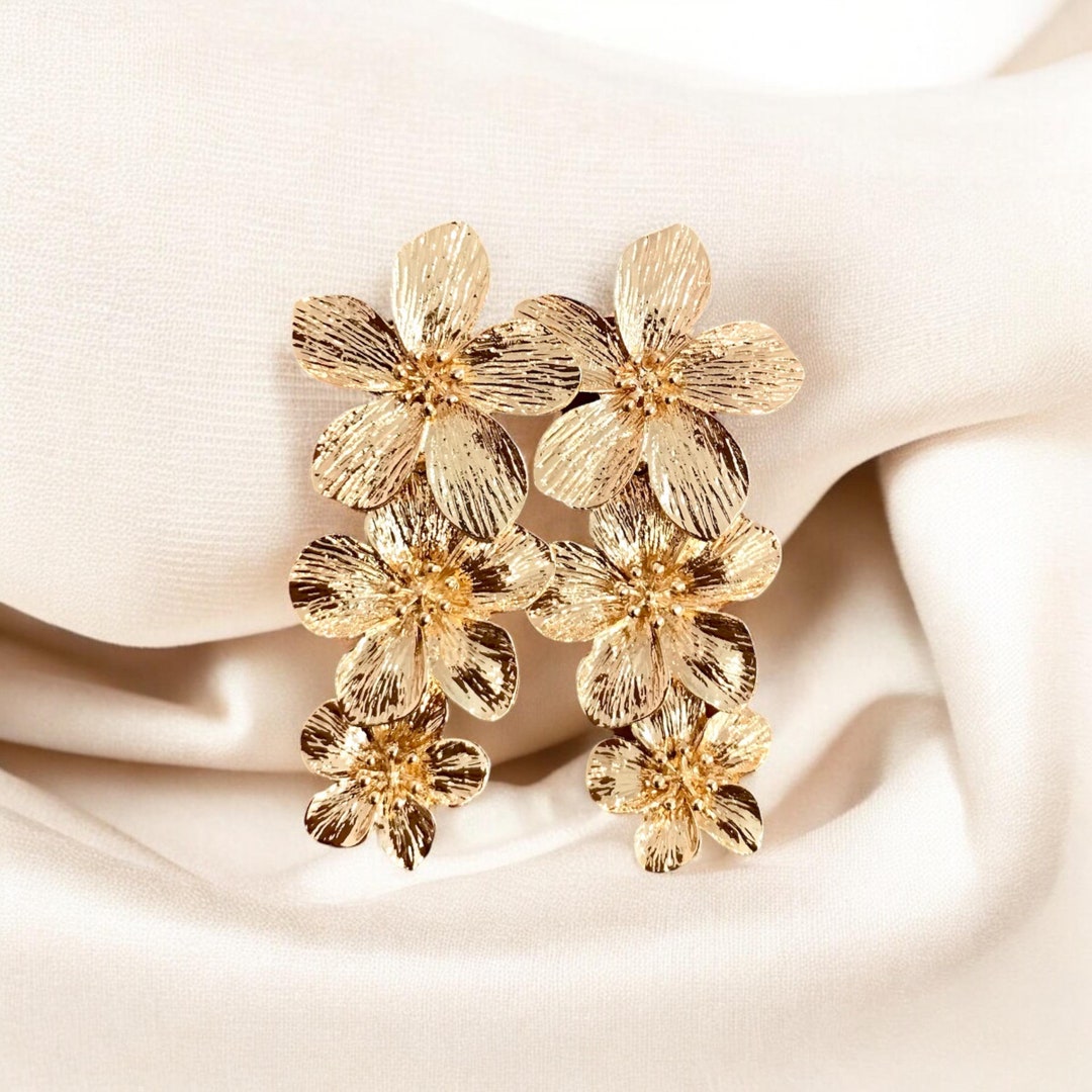 Gold Flower Earrings, Triple Gold Flowers, Hibiscus Flowers , Tropical — free download