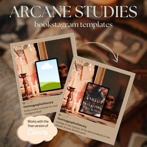 May include: Two bookstagram templates featuring a book cover with the title "Virtue" by Amanda Hocking and a tablet mockup with a cloudy sky and green hills. The templates are set against a dark, moody background with candles and skulls.