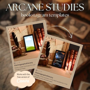 Op de afbeelding: Bookstagram-sjablonen om boeken op Instagram te promoten. De afbeelding toont twee mockups met een boekomslag en een tabletscherm. De mockups staan op een tafel met oude boeken, kaarsen en veren. De tekst "Arcane Studies" staat bovenaan de afbeelding.