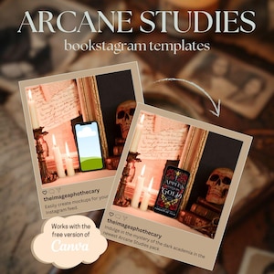 May include: A bookstagram template featuring a mock-up of a phone screen and a book titled "Apples and Gold" with a skull and candles in the background. The text "Arcane Studies" is at the top of the image. The text "theimageaphothecary" is at the bottom of the image.