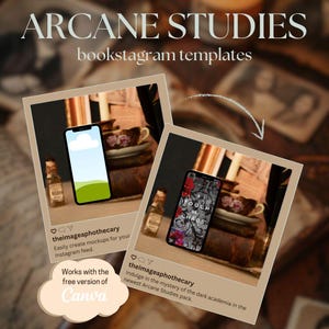 Könnte beinhalten: Zwei Mockups für Bookstagram mit einem Smartphone, auf dem ein Buchcover angezeigt wird. Das erste Mockup zeigt ein Telefon mit einem blauen Himmel und grünem Gras als Hintergrund. Das zweite Mockup zeigt ein Telefon mit einem Buchcover, das einen dunklen Hintergrund mit einem Hauch von Rot und Schwarz aufweist. Beide Mockups sind auf einem Stapel alter Bücher mit einer Teetasse und einer Untertasse obenauf platziert. Der Text "Arcane Studies" wird oben im Bild angezeigt. Der Text "A Touch of Chaos" wird auf dem Buchcover im zweiten Mockup angezeigt.