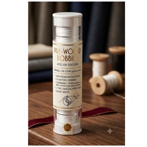 Puede incluir: Un tubo de plástico transparente que contiene bobinas preenrolladas blancas. La etiqueta dice PRE-WOUND BOBBINS ATELIER EDITION, MODEL: LN-135W, 100% PREMIUM POLYESTER, 135 METERS / BOBBIN, 12 BOBBINS / TUBE, L-TYPE, SIDELESS WITH HOLE, COLOR: WHITE.