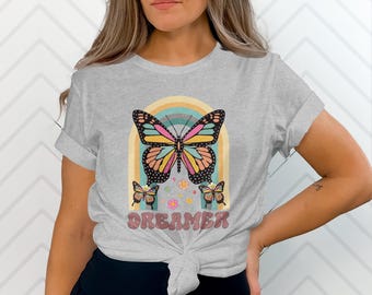 Retro Rainbow Butterfly Dreamer T-Shirt, Vintage Aesthetic Graphic Tee, Boho Hippie Inspired Shirt, Colorful Butterfly Artwork Top