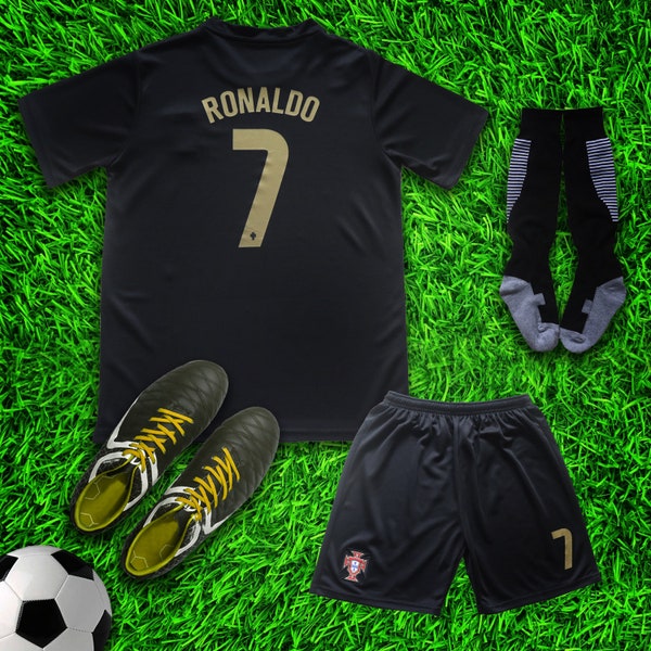 Portugal 2018 Ronaldo Limited Black Edition Kids Soccer Uniform Jersey Shors Socks for Boys Girls Youth Sizes