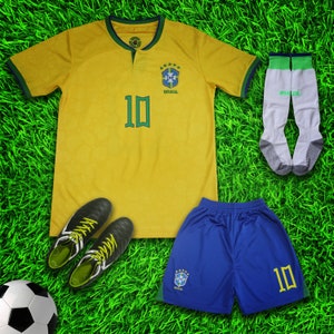 Brazil 2022 PELE Home Kids Soccer Uniform Jersey Shorts Socks for Boys Girls Youth Sizes image 2