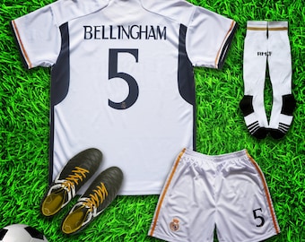 Madrid Bellingham #5 New Home Soccer Jersey & Shorts with Socks Set for Boys and Girls Youth Sizes