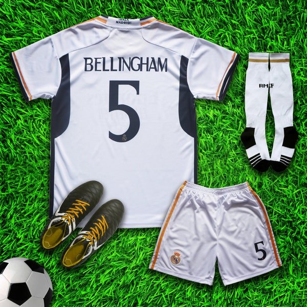 Madrid Bellingham #5 New Home Soccer Jersey & Shorts with Socks Set for Boys and Girls Youth Sizes