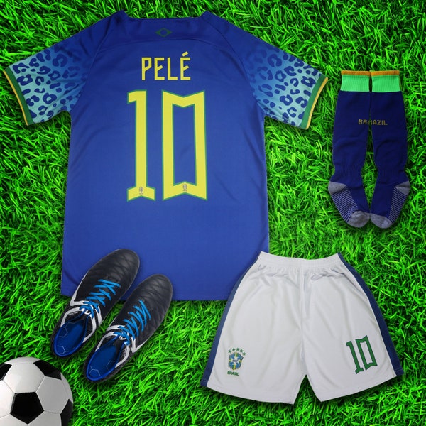 Brazil 2022 PELE Away Kids Soccer Uniform Jersey Shorts Socks for Boys Girls Youth Sizes
