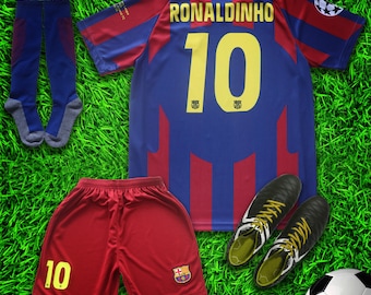 Barcelona 2005 Ronaldinho Home Limited Special Edition Kids Soccer Jersey Kit Shorts Socks for Boys Girls Youth Sizes