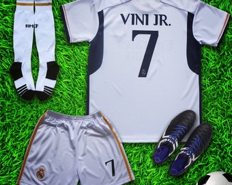 Madrid Vini #7 New Home Kids Soccer Uniform Jersey & Shorts with Socks Set for Boys and Girls Youth Sizes