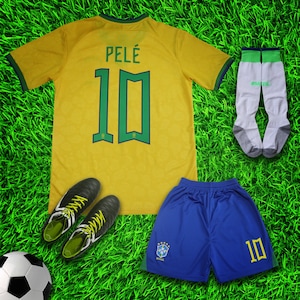 Brazil 2022 PELE Home Kids Soccer Uniform Jersey Shorts Socks for Boys Girls Youth Sizes image 1