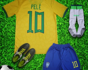 Brazil 2022 PELE Home Kids Soccer Uniform Jersey Shorts Socks for Boys Girls Youth Sizes