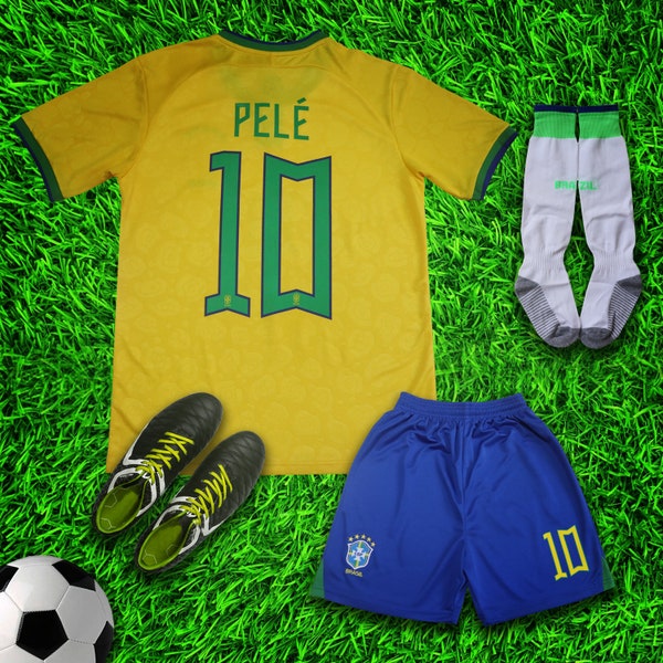 Brazil 2022 PELE Home Kids Soccer Uniform Jersey Shorts Socks for Boys Girls Youth Sizes