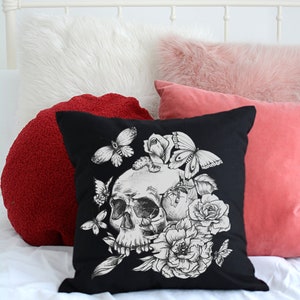 14" x 14" Black Floral Skull Square Pillow, Skeleton Pillow, Gothic Pillow, Gothic Home Decor