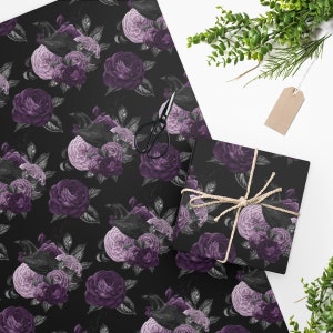 24" x 36" Floral Crow Wrapping Paper, Black Wrapping Paper, Gothic Wrapping Paper, Purple Wrapping Paper, Gothic Gifts