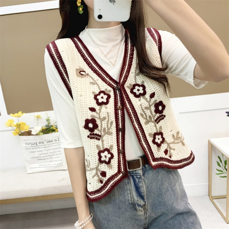Embroidered Flower Knit Vestvintage Knit Sweater Vestcrochet Etsy