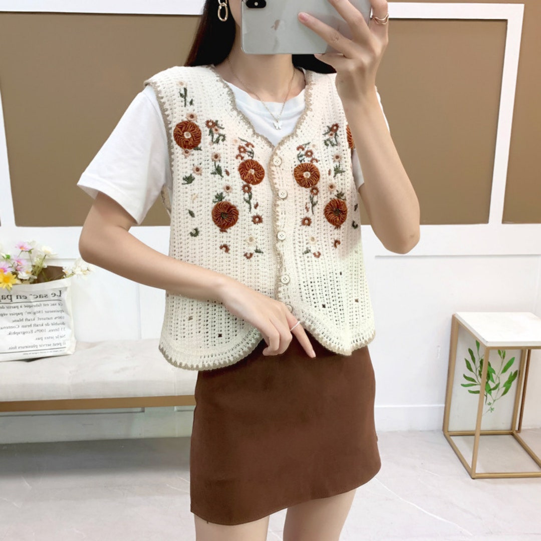 Embroidered Flower Knit Vestvintage Knit Sweater Vestcrochet Etsy