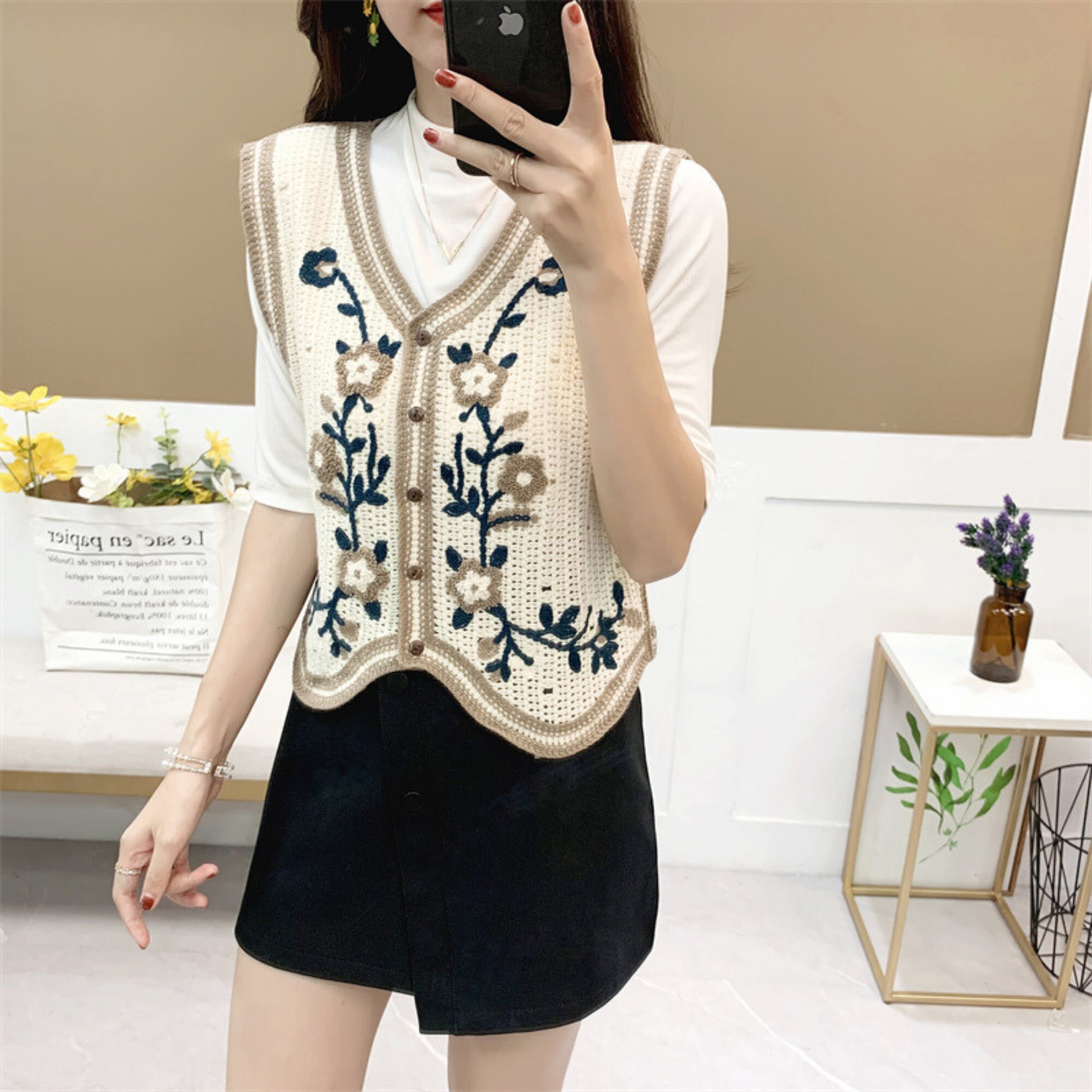 Embroidered Flower Knit Vestvintage Knit Sweater Vestcrochet Etsy