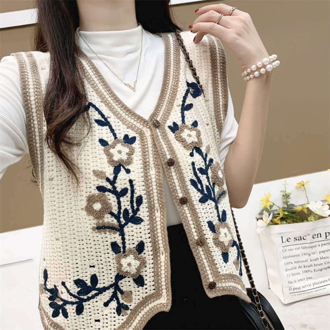 Embroidered Flower Knit Vestvintage Knit Sweater Vestcrochet Etsy