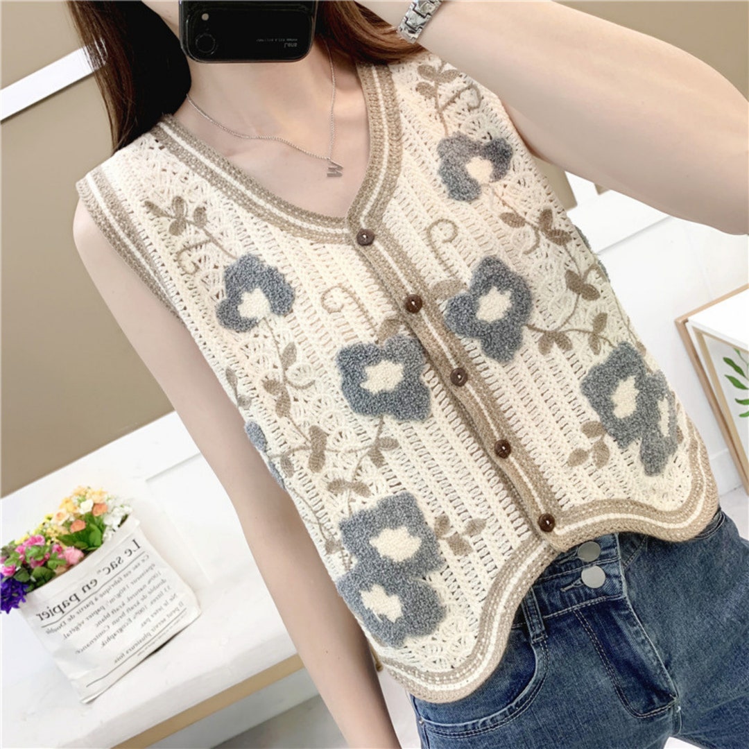 Embroidered Flower Knit Vestvintage Knit Sweater Vestcrochet Etsy