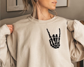 Halloween Rock Sweatshirt, Skeleton Rock and Roll Shirt, Halloween Skeleton Shirt, Rock n Roll Skeleton Hand, Halloween Horror, Gift for her