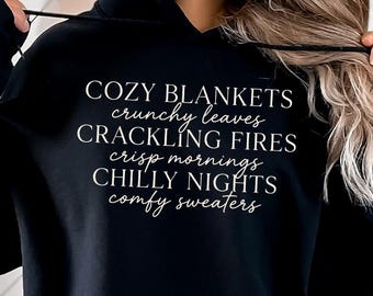 Cozy Blankets Hoodie, Crackling Fires Graphic Hoodie, Chilly Nights Pullover, Cozy Campfire Hoodie, Fall Camping Gift, Autumn Season Apparel