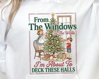 Deck These Halls Hoodie, Vintage Christmas Sweatshirt, Womens Holiday Party Sweater, Funny Xmas Hooded Pullover, Retro Holiday Sweater