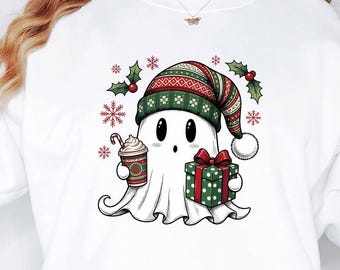Christmas Ghost Santa Sweatshirt, Cute Spooky Christmas Crewneck, Retro Holiday Sweater, Funny Santa Ghost Pullover, Christmas Gift