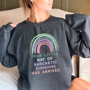 May include: A dark grey sweatshirt with a rainbow design and the text "Your little ray of sarcastic sunshine has arrived."