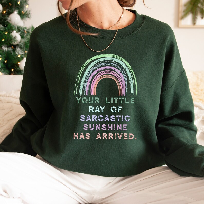 May include: A dark green sweatshirt with a rainbow graphic and the text "Your little ray of sarcastic sunshine has arrived."