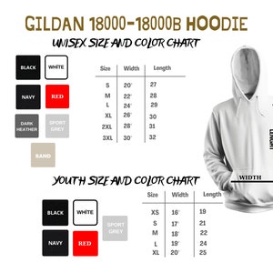 Peut inclure: Tableau des tailles pour les sweats &agrave; capuche Gildan 18000-18000B en noir, blanc, marine, rouge, gris chin&eacute; fonc&eacute;, gris sport et sable. Le tableau montre les tailles unisexes du S au 3XL avec les mesures de largeur et de longueur correspondantes en pouces. Un tableau s&eacute;par&eacute; montre les tailles pour enfants du XS au XL avec les mesures de largeur et de longueur correspondantes en pouces.