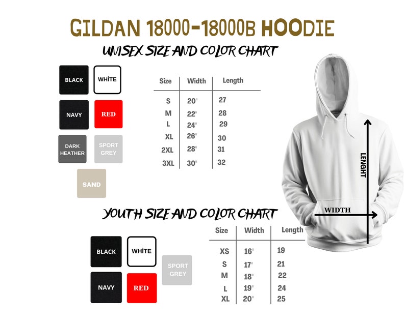 Peut inclure: Tableau des tailles pour les sweats &agrave; capuche Gildan 18000-18000B en noir, blanc, marine, rouge, gris chin&eacute; fonc&eacute;, gris sport et sable. Le tableau montre les tailles unisexes du S au 3XL avec les mesures de largeur et de longueur correspondantes en pouces. Un tableau s&eacute;par&eacute; montre les tailles pour enfants du XS au XL avec les mesures de largeur et de longueur correspondantes en pouces.