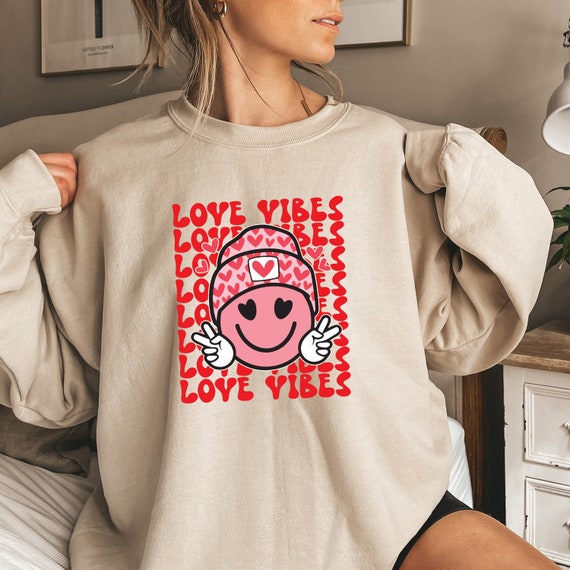 Love Vibes Beanie Smiley Face Sweatshirt Valentines Day Shirt Valentines Couple Tee Gift for Her retro Heart Shirt matching Positive Love Etsy