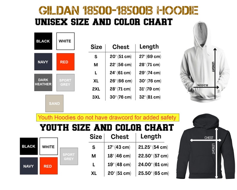 Peut inclure: Tableau des tailles et des couleurs pour les sweats &agrave; capuche Gildan 18500-18500B. Le tableau comprend les tailles unisexes et jeunes, avec des mesures de poitrine et de longueur en centim&egrave;tres. Les options de couleurs incluent le noir, le blanc, le marine, le rouge, le gris chin&eacute;, le gris sport et le sable.