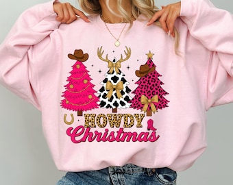 Howdy Christmas Sweatshirt,Cowgirl Western Christmas Sweatshirt,Winter Trees Sweatshirt,Coquette Xmas Sweatshirt