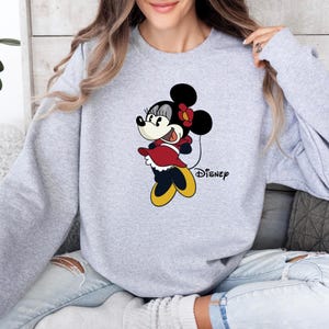 May include: A gray sweatshirt with a cartoon image of Minnie Mouse wearing a red dress and holding a balloon. The text "DISNEY" is printed below the image.
