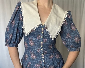 1980s Vintage Gunne Sax by Jessica McClintock Blue Floral Peplum Casual Dress