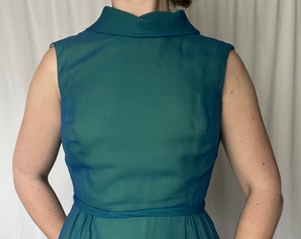 Vintage Miss Elliette California Blue and Green Ruffle Sleeveless Party Dress