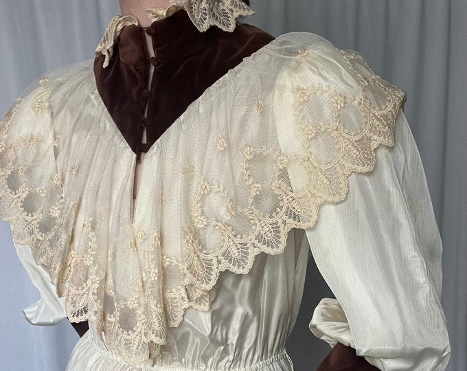 Vintage Midi Length Off-white and Brown Velvet Prairie Dress With ...